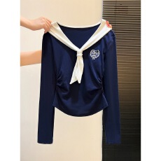 批发早秋辣妹学院风海军领撞色披肩<b class='q'>打底衫</b>女内搭辣妹褶皱收腰长袖上衣