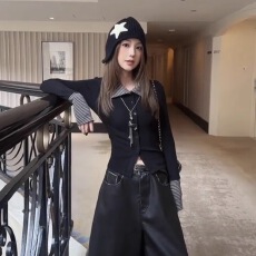 批发原版布料 韩系辣妹翻领上衣女秋季新款<b class='q'>长袖</b><b class='q'>T</b><b class='q'>恤</b>设计小众