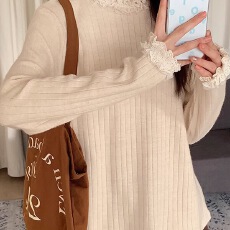批发5*4人棉 设计感小众蕾丝花边领毛衣百搭内搭长袖上衣女