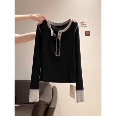 批发随心裁<b class='q'>莫代尔</b>260克1*1美式拼色辣妹长袖女纽扣<b class='q'>T</b><b class='q'>恤</b>上衣