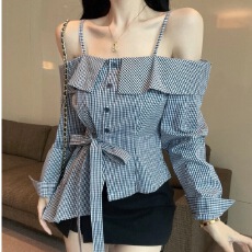 批发做法不规则<b class='q'>格子</b><b class='q'>衬衫</b>女设计感法式一字肩上衣收腰<b class='q'>衬衣</b>