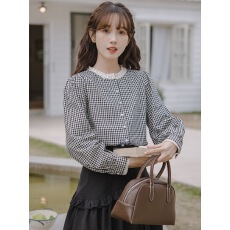 批发原版布料 法式甜美蕾丝立领格子长袖衬衫上衣小众衬衣