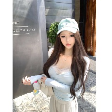 批发随心裁套装女蓝色v领长袖修身T恤秋吊带背心叠穿上衣两件套