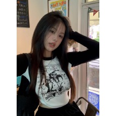 批发95棉 辣妹修身T恤女长袖撞色短款打底衫内搭紧身上衣