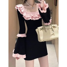 批发<b class='q'>莫代尔</b>260g 黑色小香风花边领针织<b class='q'>连衣裙</b>子女2025新款