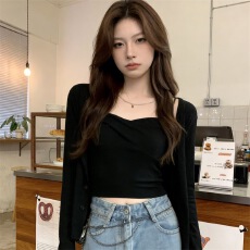 批发官图 随心裁<b class='q'>莫代尔</b>260克1*1法式高级感黑色开衫<b class='q'>背心</b>两件套