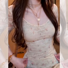 批发小<b class='q'>碎花</b>u领蕾丝衫女内搭打底衫开春ootd穿搭七分袖T恤早春半袖<b class='q'>上衣</b>