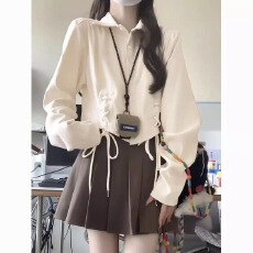 批发新款学院风短款修身长袖绑带<b class='q'>衬衫</b>上衣女外套<b class='q'>衬衣</b>ins潮
