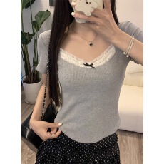批发2×2随心裁 纯欲蕾丝方领短袖T恤女蝴蝶结<b class='q'>修身</b><b class='q'>打底衫</b>甜辣妹上衣