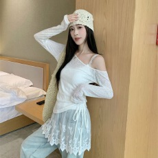 批发雪花天丝+纯棉背心 蕾丝吊带背心露肩抽绳薄款长袖防晒<b class='q'>罩衫</b>女套装