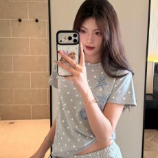 刺绣 波点印花 配星星挂件 包肩领 40支纯棉螺纹弹力短袖短款t恤