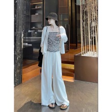 批发原版布料 夏季<b class='q'>甜美</b>减龄吊带条纹背心开衫外套两件套潮