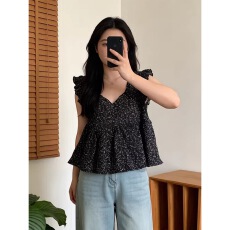 皱皱格 温柔减龄俏皮复古小碎花韩系系带法式宽松上衣