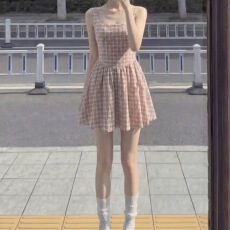 批发少女感气质甜美格纹吊带连衣裙2026夏季新款度假收腰a字短裙女装