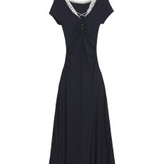 批发大码胖mm藏蓝色蕾丝领口短袖连衣裙女大码女装胖妹妹收腰显瘦<b class='q'>长裙</b>