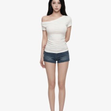 批发原版天丝韩系辣妹风斜肩短袖T恤女夏季<b class='q'>时尚</b>修身显瘦褶皱气质上衣