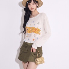 莱赛尔韩版甜美风印花防晒T恤女慵懒风宽松休闲百搭圆领长袖上衣