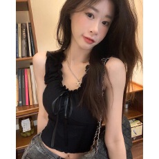 批发木耳边蝴蝶结背心吊带女装春季新款法式甜辣风内搭外穿设计感上衣