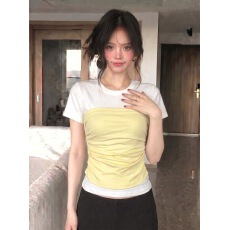 40支棉1*1奥戴尔 时尚假两件短袖t恤女多巴胺超好看上衣