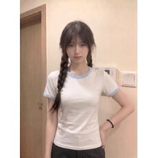 批发40支1*1精棉220克  韩系撞色短袖t恤女设计感小众内搭上衣