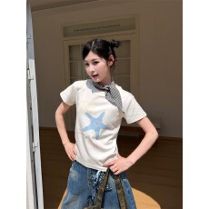 批发40支棉1*1奥代尔220克 韩系海星印花圆领百搭短袖T恤女