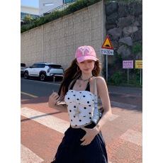 批发<b class='q'>韩</b>系甜辣立体抽褶挂脖波点吊带夏季假两件修身显瘦撞色少女<b class='q'>风</b>上衣