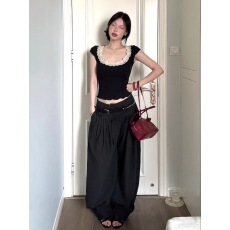 批发260克人棉#纯欲蕾丝花边U领短袖<b class='q'>T</b><b class='q'>恤</b>女夏性感收腰修身显瘦百搭上衣