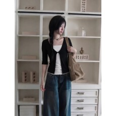 批发1*1人棉260克 韩系小众撞色百搭假两件扭结<b class='q'>中袖</b>T恤女ins
