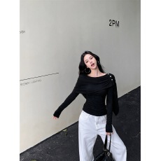 批发羊绒设计感荡领披肩长袖女早秋季黑色修身显瘦打底衫小众气质上衣