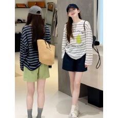 批发韩系条纹印花长袖T恤女+<b class='q'>短裤</b>两件套2026早秋时尚宽松显瘦休闲<b class='q'>套装</b>