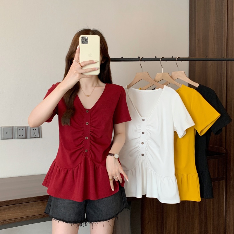 MY11357# 大码女装夏季新款休闲单排扣褶皱V领短袖T恤上衣女裝貨源服...