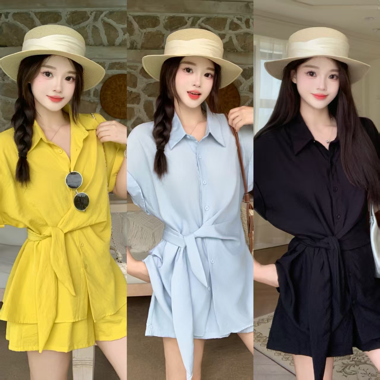 MY11351# 大码女装夏季新款宽松收腰衬衫短袖短裤两件套女裝貨源服裝批...