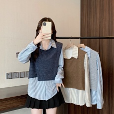 批发实价实拍大码女装2025秋冬新款翻领条纹衬衫时尚宽松马甲两件套