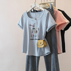 批发实价实拍大码女装2026夏季新款字母印花线条小狗显瘦短袖T恤上衣