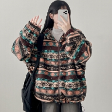 批发韩国chic 通勤费尔岛风粒绒双向拉链宽松连帽外套