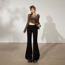 批发3色美式复古松紧腰喇叭裤修身显瘦弹力垂感卫裤秋冬<b class='q'>休闲裤</b>女