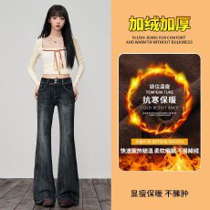 批发加绒美式复古微喇叭裤双扣弹力高腰显瘦牛仔裤女长裤加长