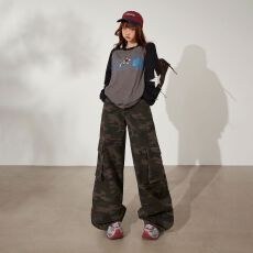批发美式复古低腰宽松阔腿裤百搭迷彩工装裤<b class='q'>秋</b>冬直筒牛仔裤女新款