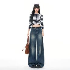 复古蓝高腰牛仔裤女2025年秋冬新款高腰直筒慵懒风百搭拖地阔腿裤