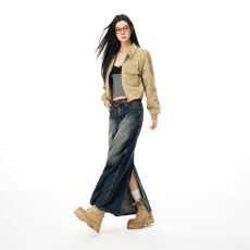 批发美式复古A型<b class='q'>中长款</b>错位解构设计宽松牛仔女