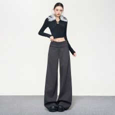 批发美式休闲垂感百搭显瘦西裤拖地宽松秋<b class='q'>冬</b>新款侧腰纽扣显腰线通勤