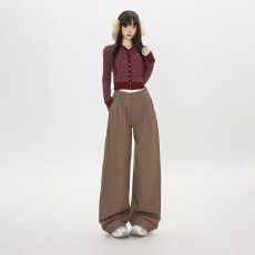 批发秋冬复古慵懒风美式通勤休闲西裤女新款高腰显瘦直筒拖地裤长裤女