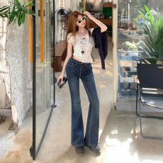 批发美式复古修身喇叭<b class='q'>裤</b><b class='q'>弹力</b><b class='q'>百搭</b>秋冬显瘦牛仔<b class='q'>裤</b>女九分长<b class='q'>裤</b>加长