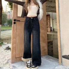 批发高腰加绒<b class='q'>牛仔裤</b>直筒裤女 宽松黑色厚绒拖地裤长裤