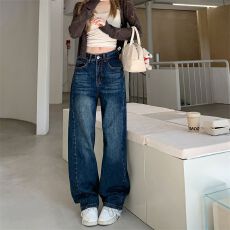 批发实拍#高腰深蓝色<b class='q'>牛仔裤</b>女辣妹直筒裤长裤