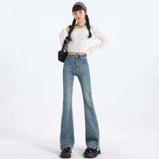 批发九分/长裤/加长 Mike&浅蓝色牛仔微喇裤女2025冬设计感开叉拖地裤