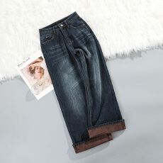 批发25年 低腰微喇叭<b class='q'>牛仔裤</b>女2025秋冬新款复古显瘦垂感宽松加绒裤子