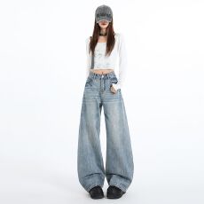 批发水洗浅蓝色弯刀直筒牛仔裤2026春<b class='q'>夏</b>新款高个子显瘦宽松阔腿裤子