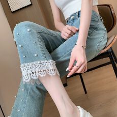 批发2026春夏新款弹力微喇叭裤雷丝花边八分裤牛仔裤女小个子款