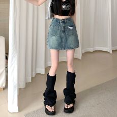 批发6076#防走光内衬牛仔裙半身裙女新款辣妹短裙复古a字裙裤<b class='q'>夏</b>季